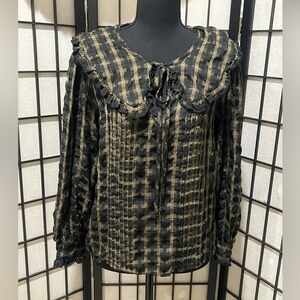 Topshop Black and khaki GINGHAM PLAID, PETER PAN RUFFLE COLLAR  TOP US SIZE 6